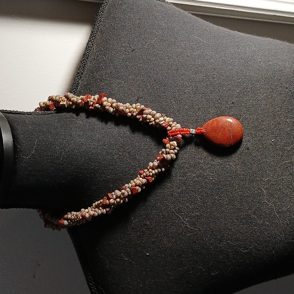 Vintage Handmade Abalone Coral Beaded Statement Necklace ,jasper pendant. 24 in - Picture 9 of 10